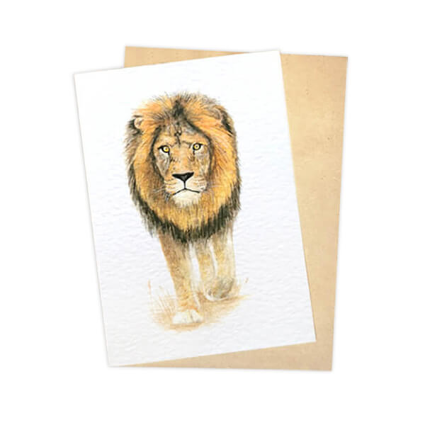 A greeting card featuring a watercolor painting of a lion on the front cover, with a logo on the back.